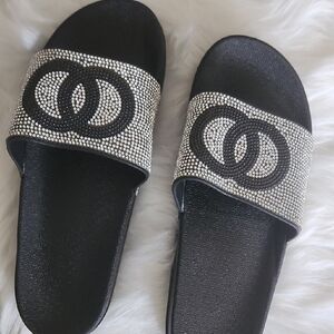 Elegant Black and Silver Slide Sandals